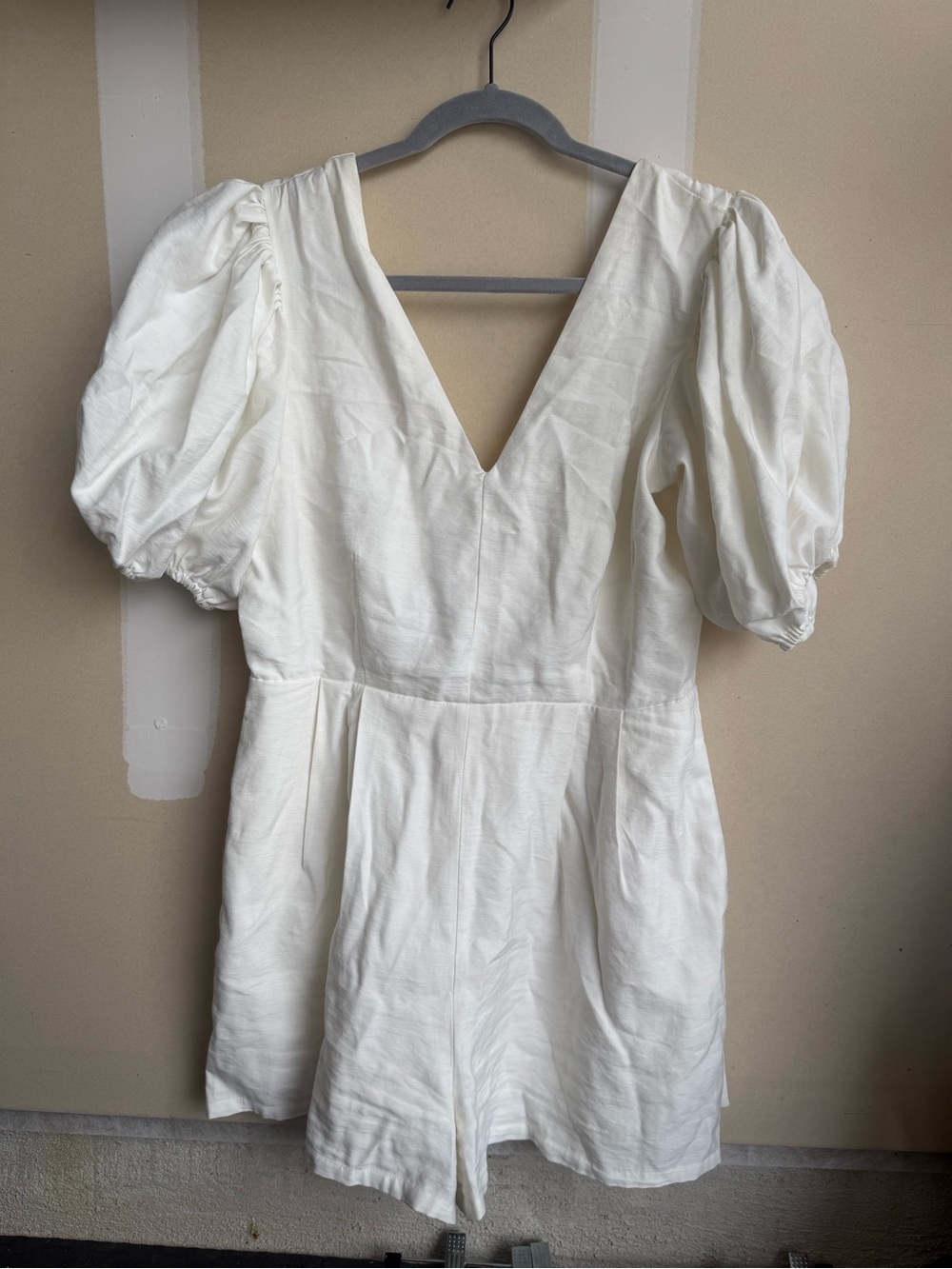 White Puff-Sleeve V-Neck Romper